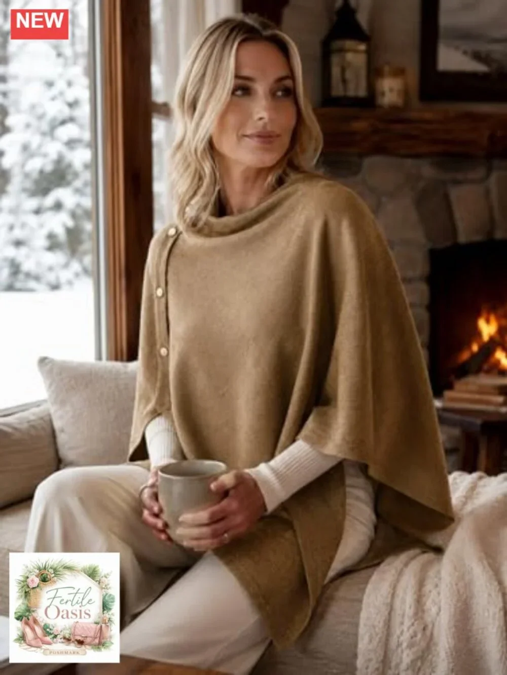 Soft Viscose Knit Poncho Shawl Wrap with Buttons | Cozy Cape for Women
